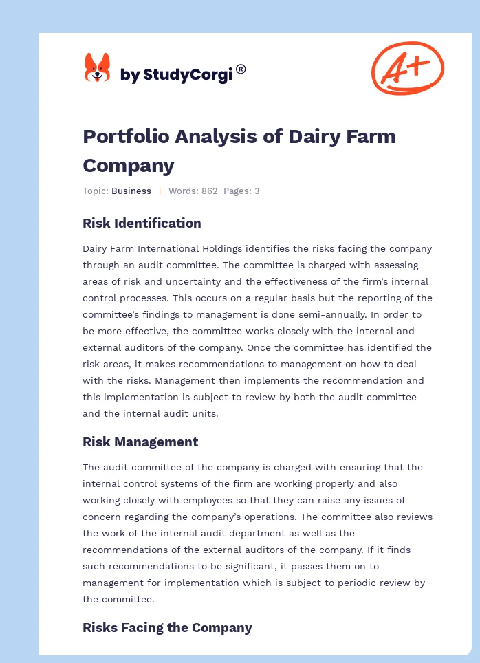 Portfolio Analysis of Dairy Farm Company. Page 1