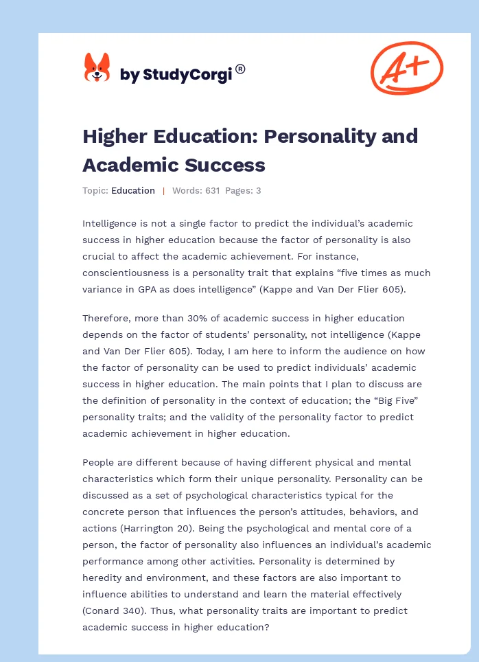 Higher Education: Personality and Academic Success. Page 1