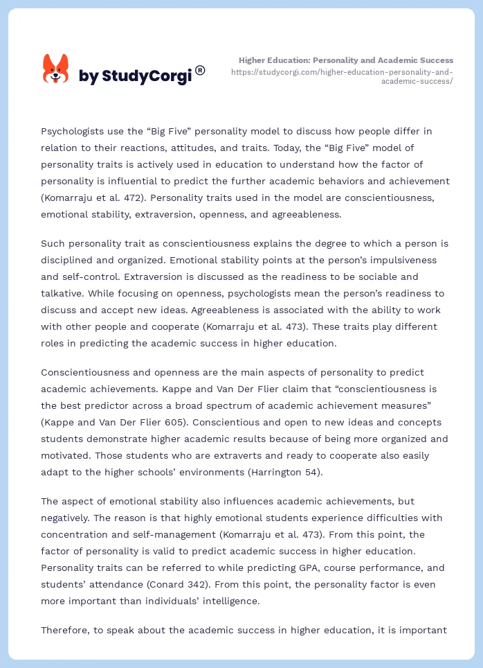 Higher Education: Personality and Academic Success. Page 2