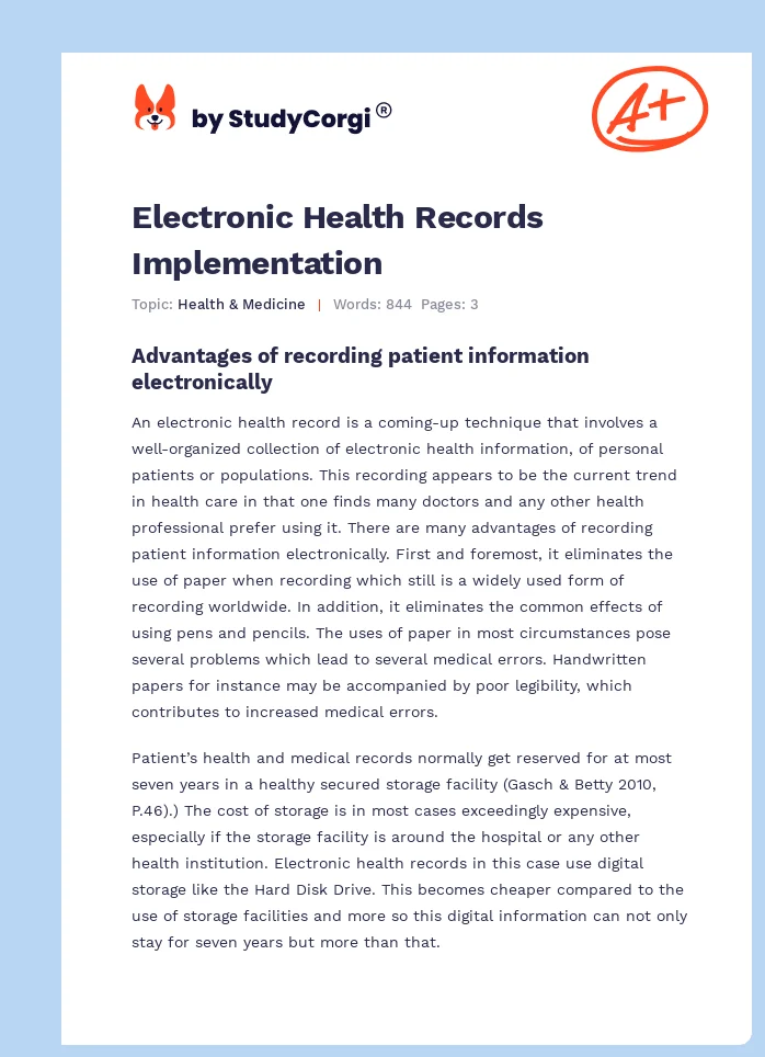 Electronic Health Records Implementation. Page 1