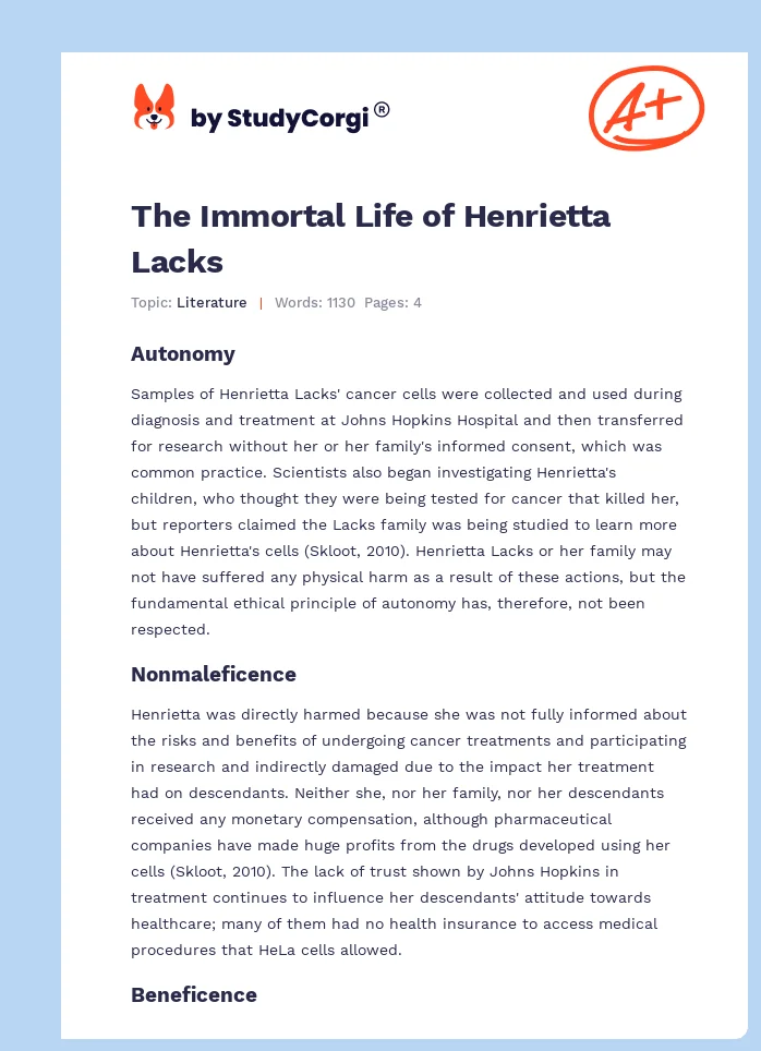 the immortal life of henrietta lacks summary essay