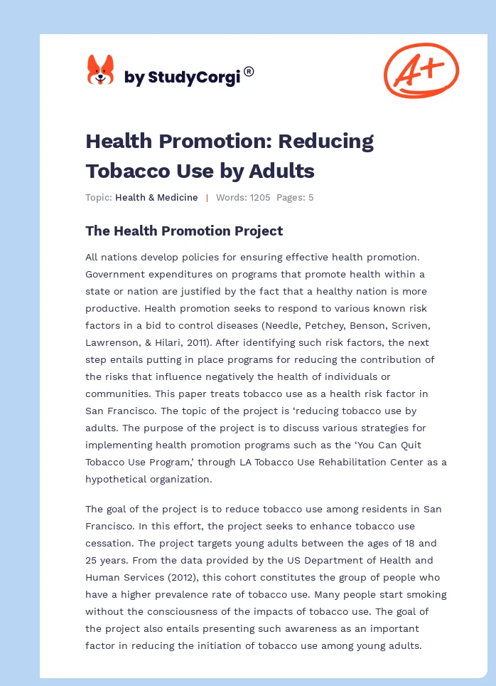 Health Promotion: Reducing Tobacco Use by Adults. Page 1