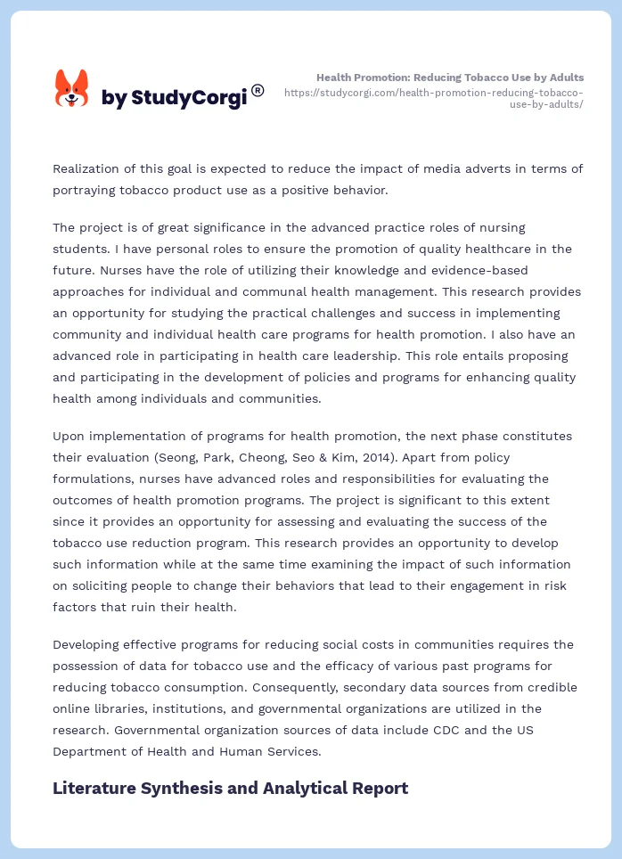 Health Promotion: Reducing Tobacco Use by Adults. Page 2