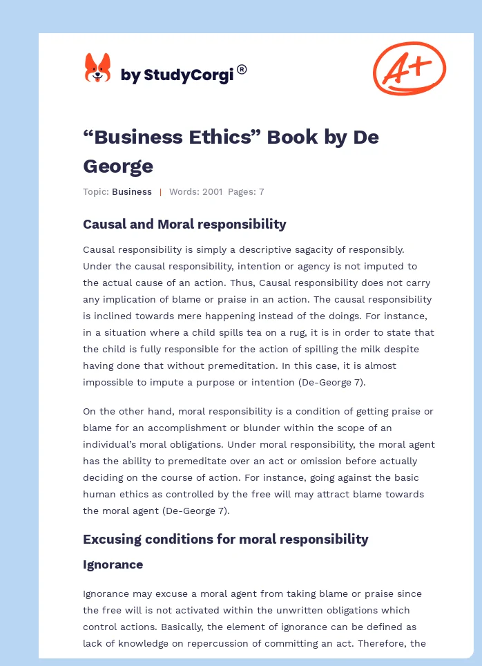 “Business Ethics” Book by De George. Page 1