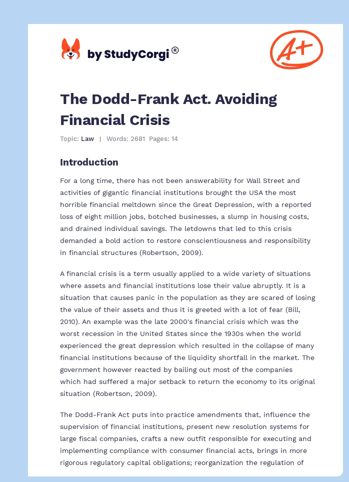The Dodd-Frank Act. Avoiding Financial Crisis. Page 1
