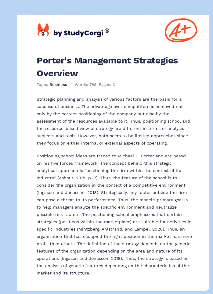 Porter's Management Strategies Overview. Page 1