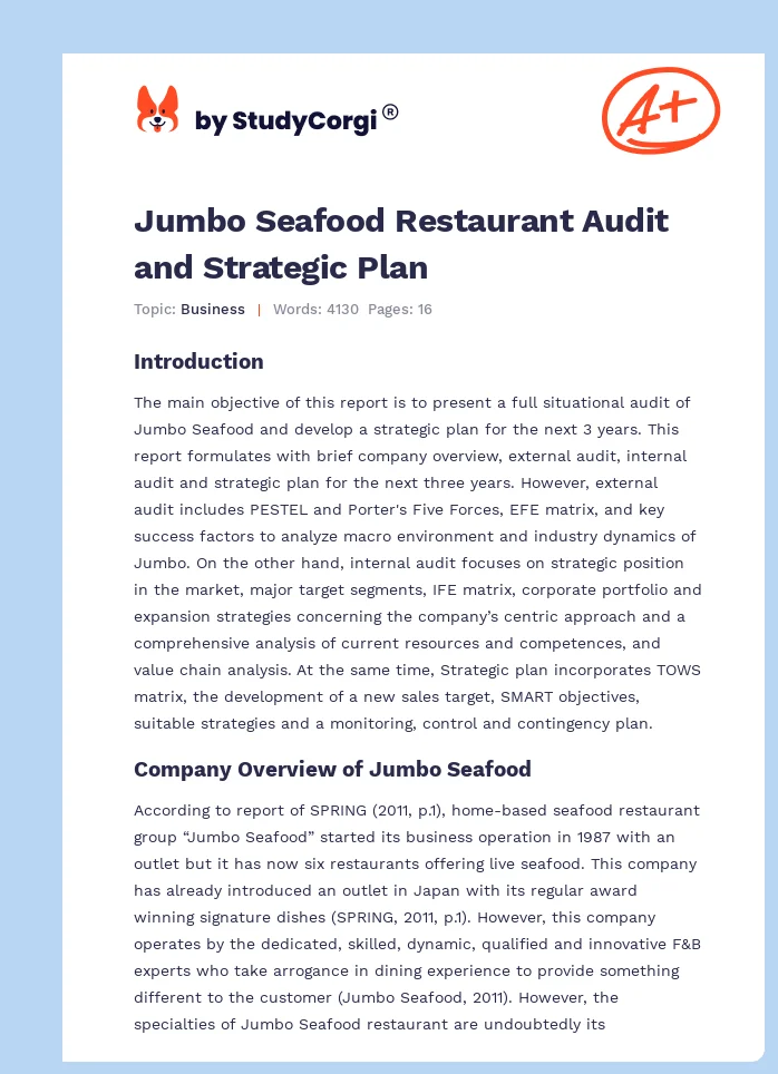 Jumbo Seafood Restaurant Audit and Strategic Plan. Page 1