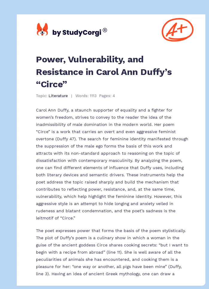 Power, Vulnerability, and Resistance in Carol Ann Duffy’s “Circe”. Page 1