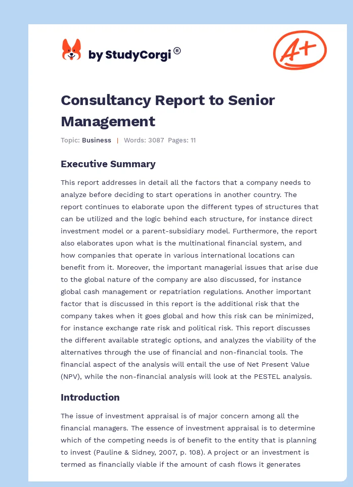 Consultancy Report to Senior Management. Page 1