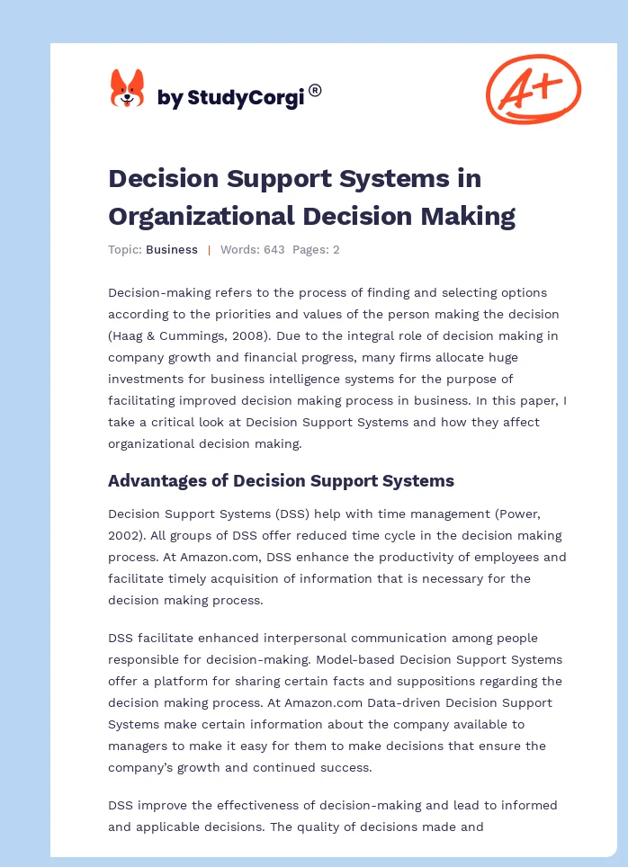 Decision Support Systems in Organizational Decision Making. Page 1