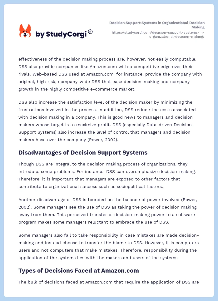 Decision Support Systems in Organizational Decision Making. Page 2