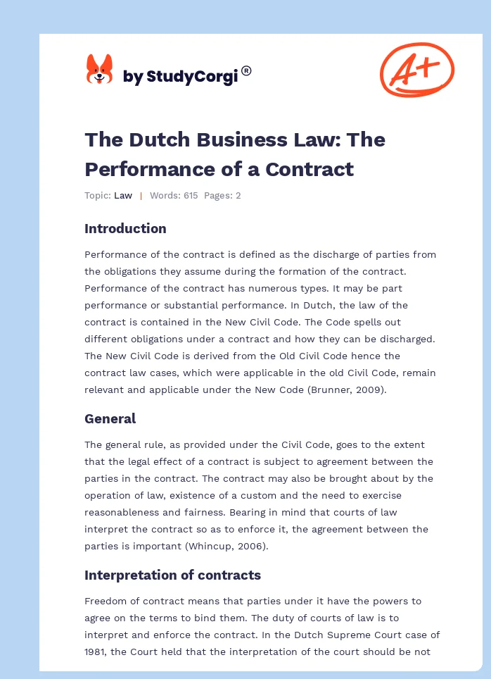 The Dutch Business Law: The Performance of a Contract. Page 1