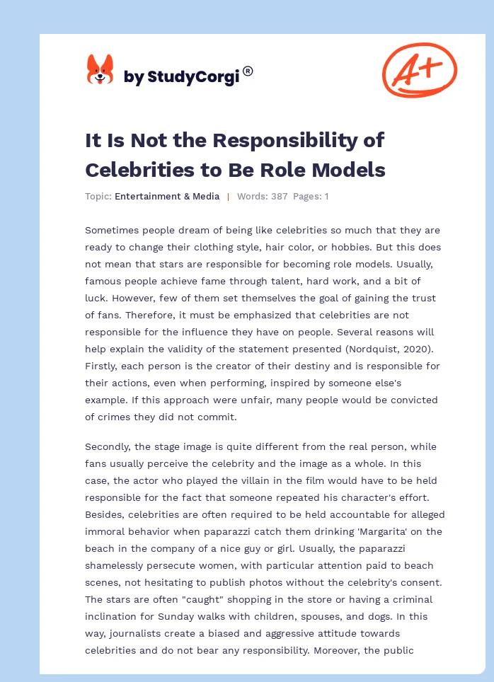 It Is Not the Responsibility of Celebrities to Be Role Models. Page 1