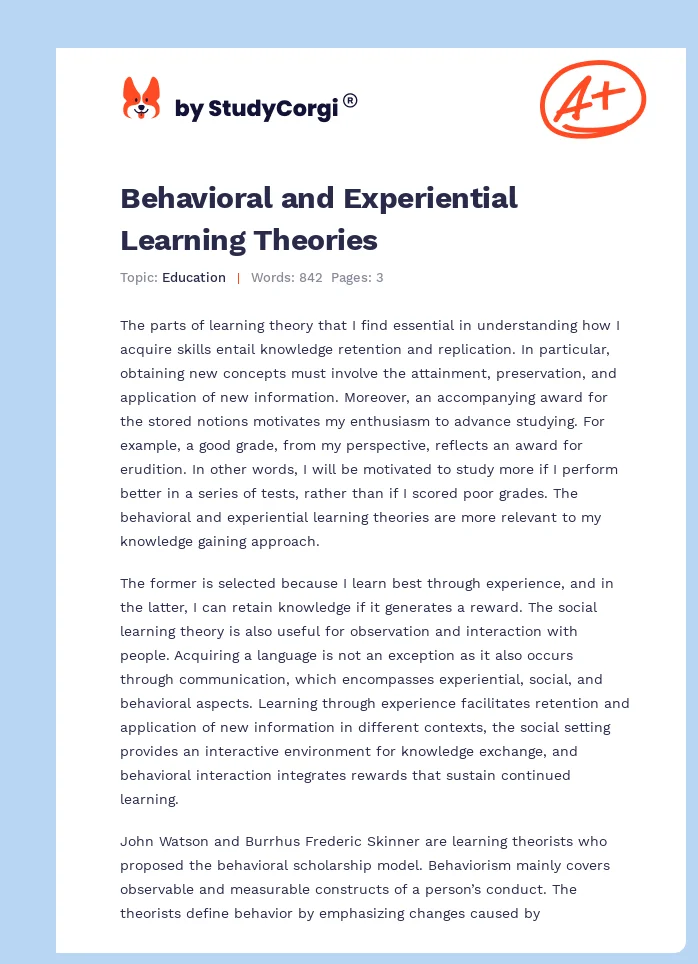 Behavioral and Experiential Learning Theories. Page 1