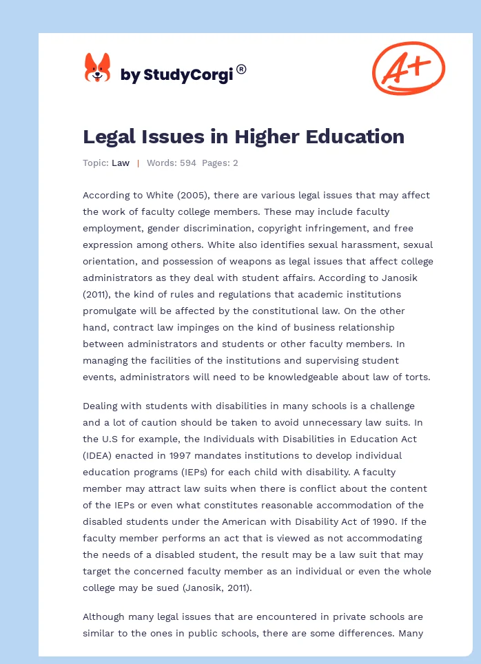 Legal Issues in Higher Education. Page 1