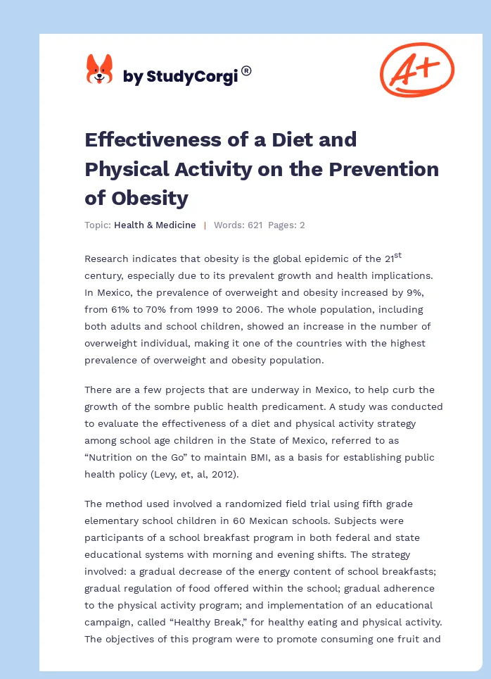 Effectiveness of a Diet and Physical Activity on the Prevention of Obesity. Page 1
