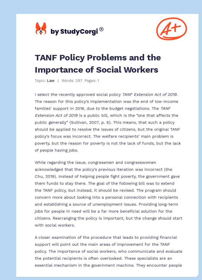 TANF Policy Problems and the Importance of Social Workers. Page 1
