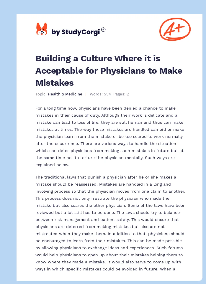 Building a Culture Where it is Acceptable for Physicians to Make Mistakes. Page 1