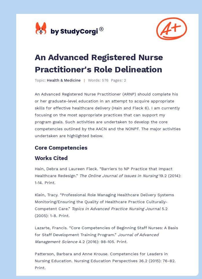 An Advanced Registered Nurse Practitioner's Role Delineation. Page 1