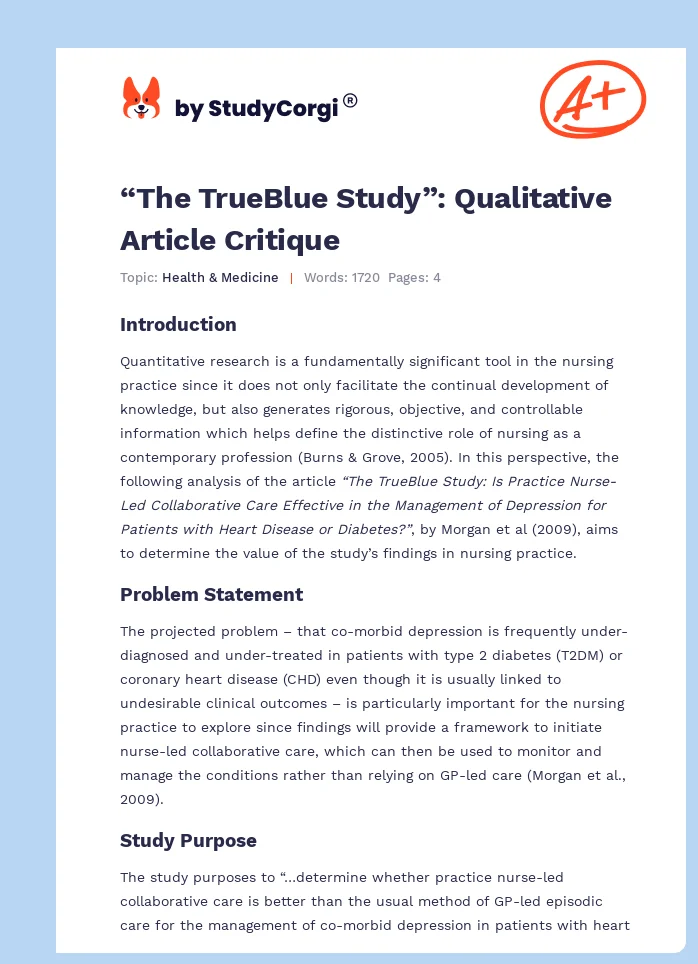 “The TrueBlue Study”: Qualitative Article Critique. Page 1