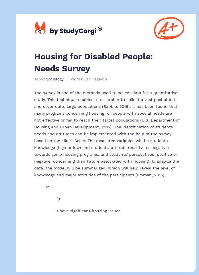 Housing for Disabled People: Needs Survey. Page 1