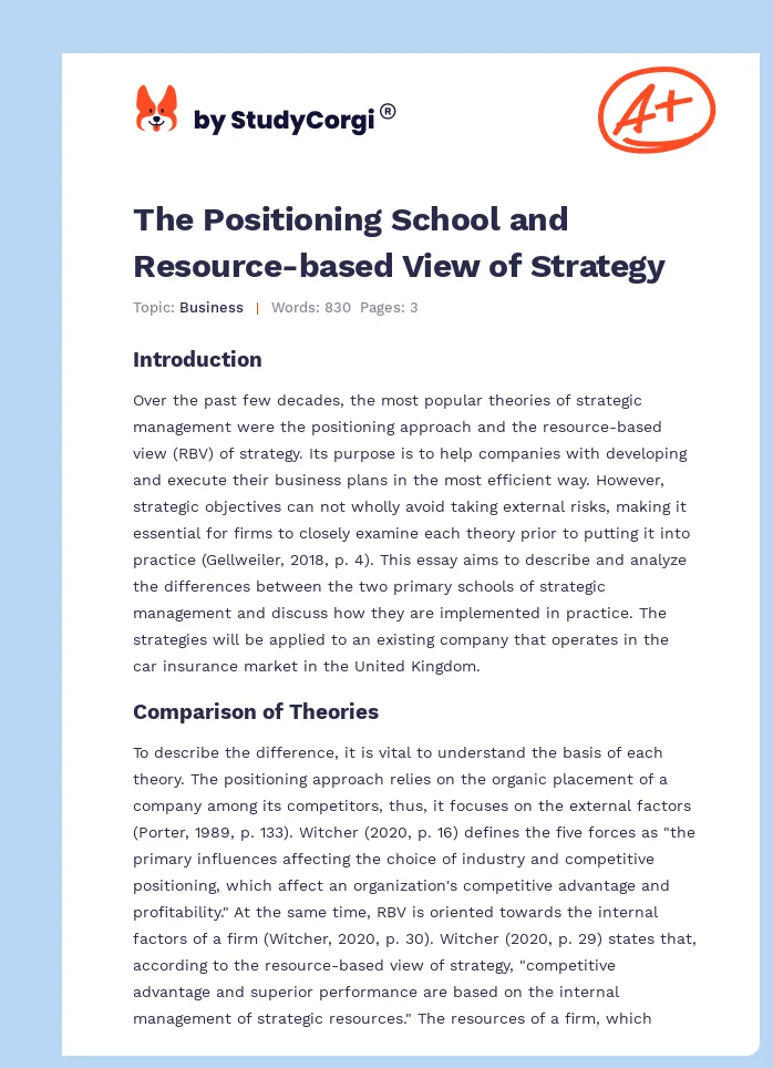The Positioning School and Resource-based View of Strategy. Page 1