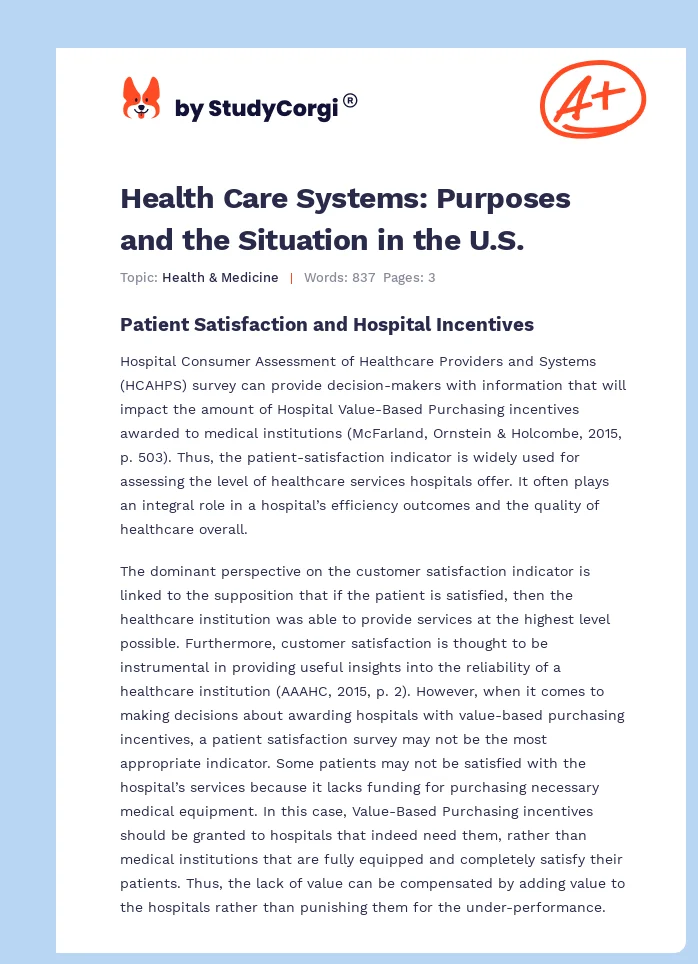 Health Care Systems: Purposes and the Situation in the U.S.. Page 1