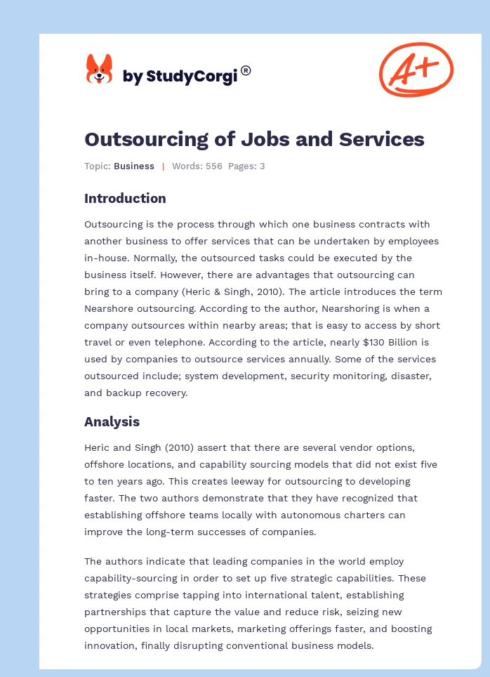 Outsourcing of Jobs and Services. Page 1
