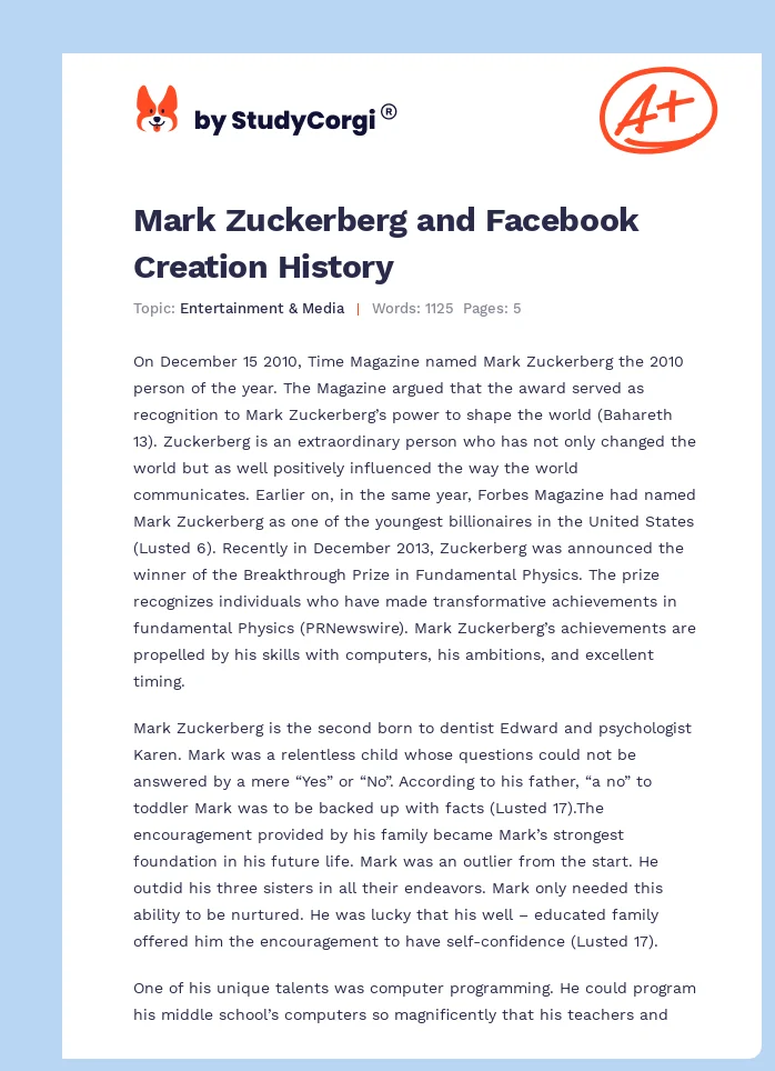 Mark Zuckerberg and Facebook Creation History. Page 1