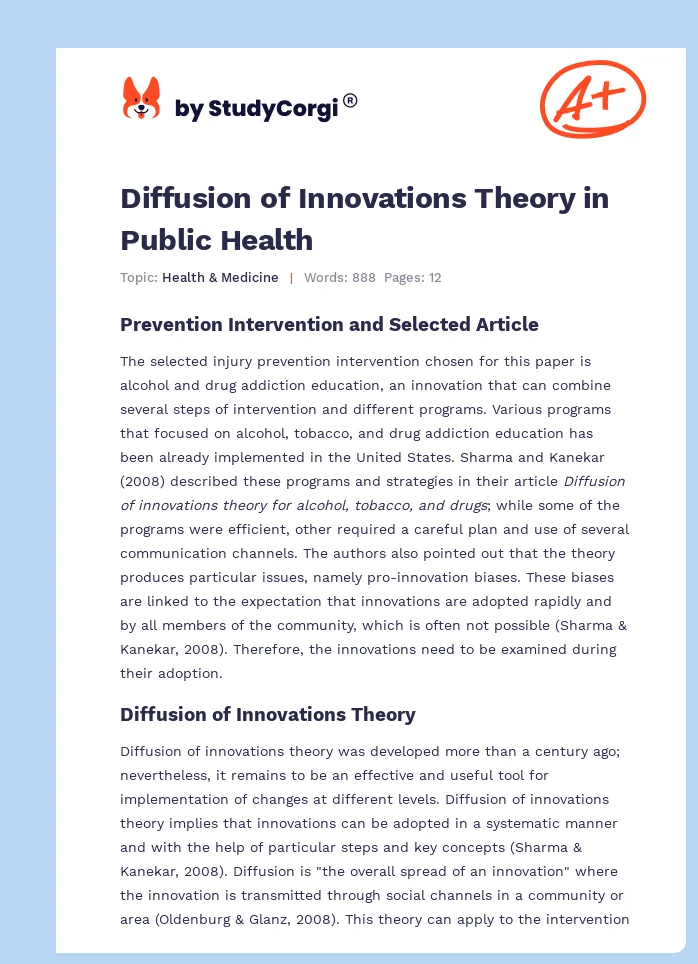 Diffusion of Innovations Theory in Public Health. Page 1