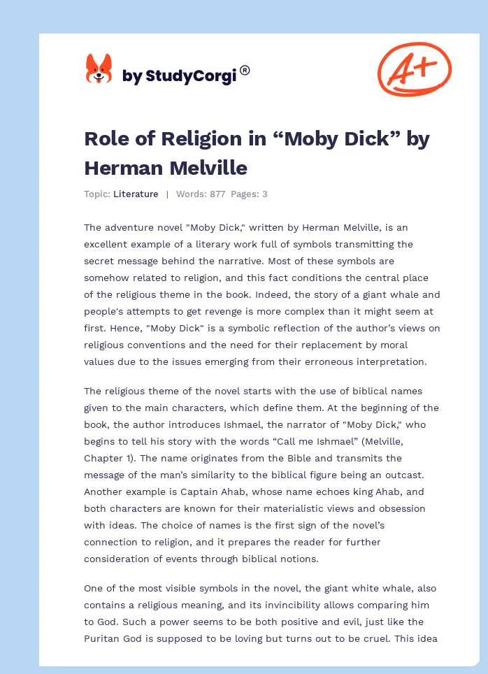 Role of Religion in “Moby Dick” by Herman Melville. Page 1