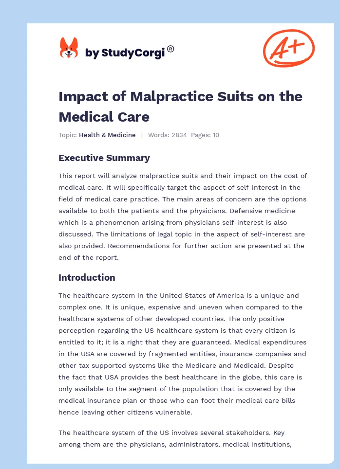 Impact of Malpractice Suits on the Medical Care. Page 1