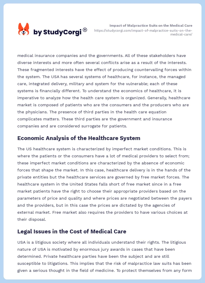 Impact of Malpractice Suits on the Medical Care. Page 2