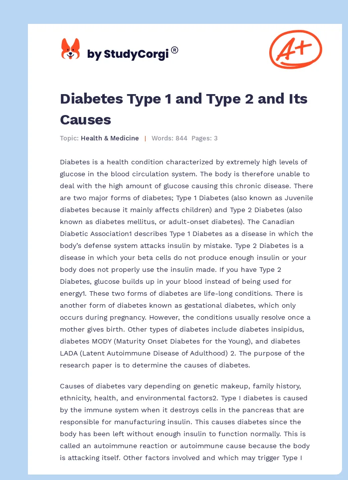 Diabetes Type 1 and Type 2 and Its Causes. Page 1