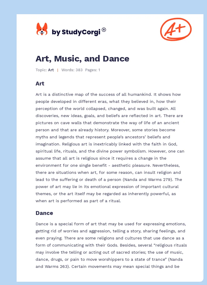 Art, Music, and Dance. Page 1
