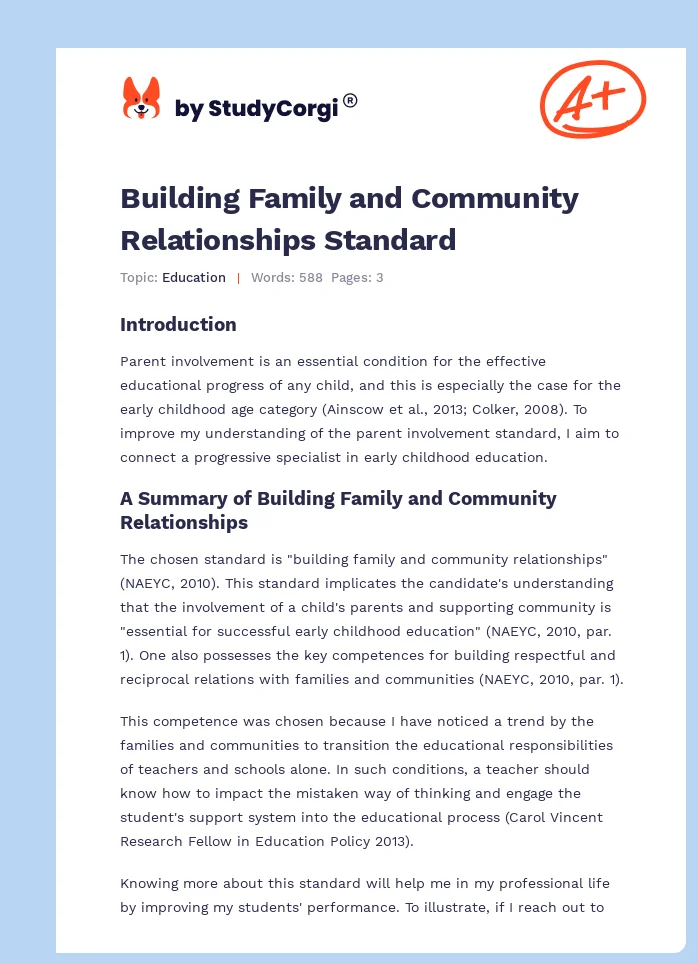 Building Family and Community Relationships Standard. Page 1