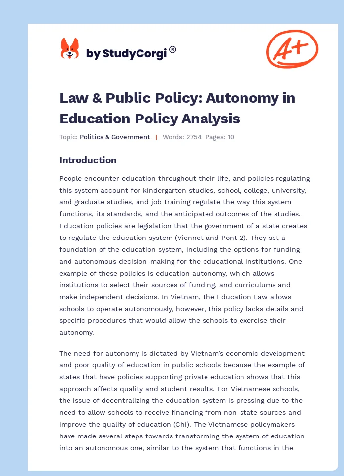 Law & Public Policy: Autonomy in Education Policy Analysis. Page 1