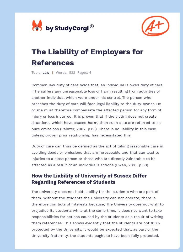 The Liability of Employers for References. Page 1