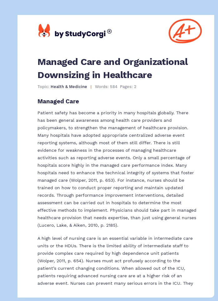 Managed Care and Organizational Downsizing in Healthcare. Page 1