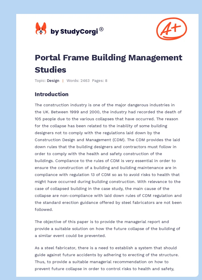 Portal Frame Building Management Studies. Page 1