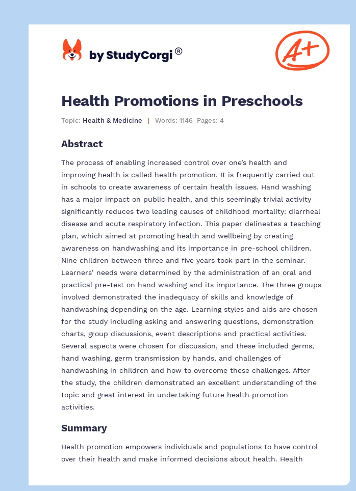 Health Promotions in Preschools. Page 1