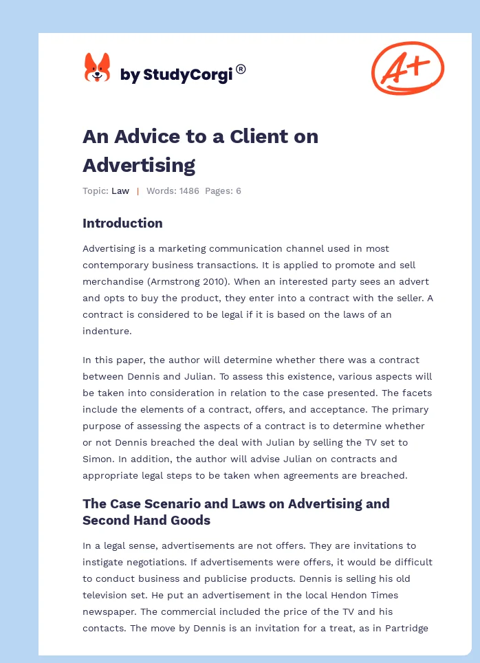 An Advice to a Client on Advertising. Page 1