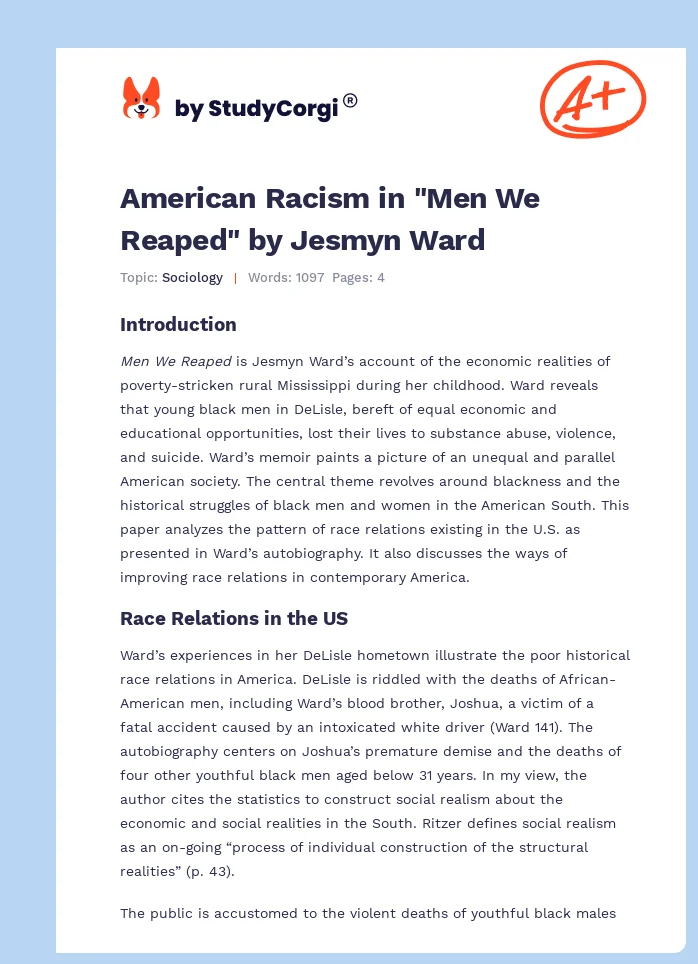 American Racism in "Men We Reaped" by Jesmyn Ward. Page 1