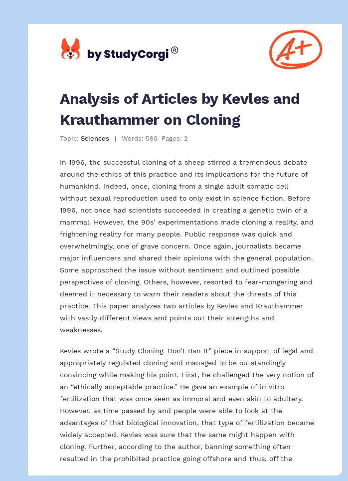 Analysis of Articles by Kevles and Krauthammer on Cloning. Page 1