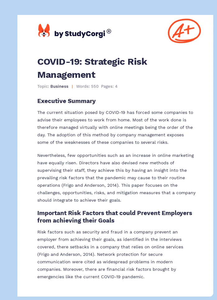 COVID-19: Strategic Risk Management. Page 1