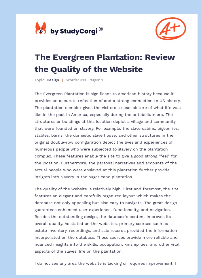 The Evergreen Plantation: Review the Quality of the Website. Page 1