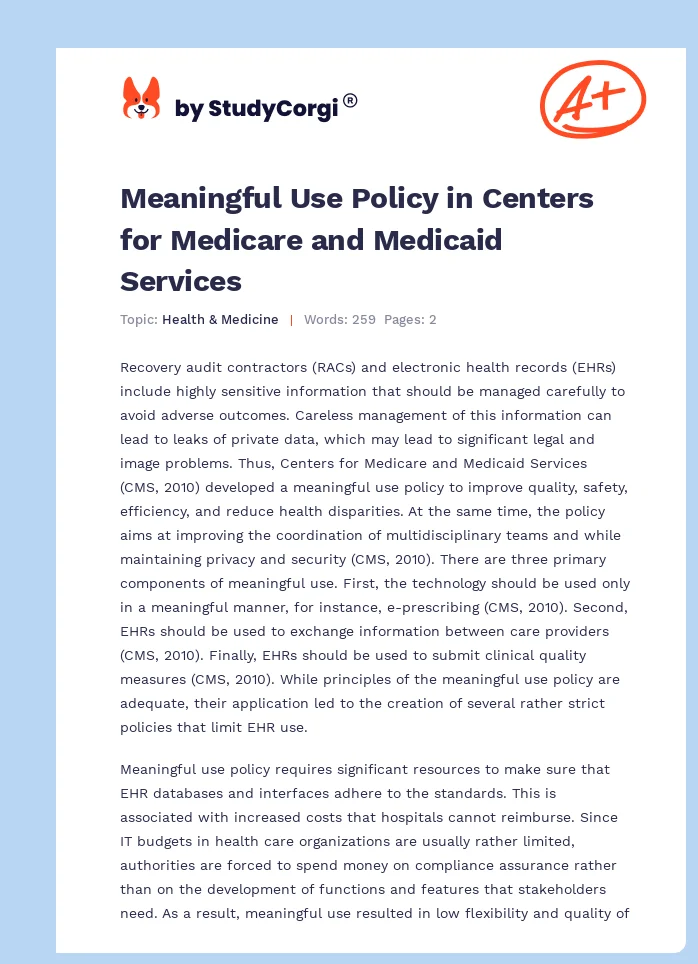 Meaningful Use Policy in Centers for Medicare and Medicaid Services. Page 1