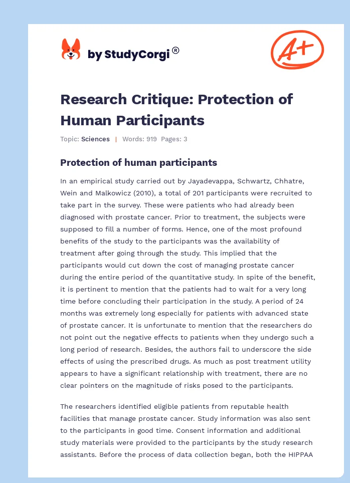 Research Critique: Protection of Human Participants. Page 1