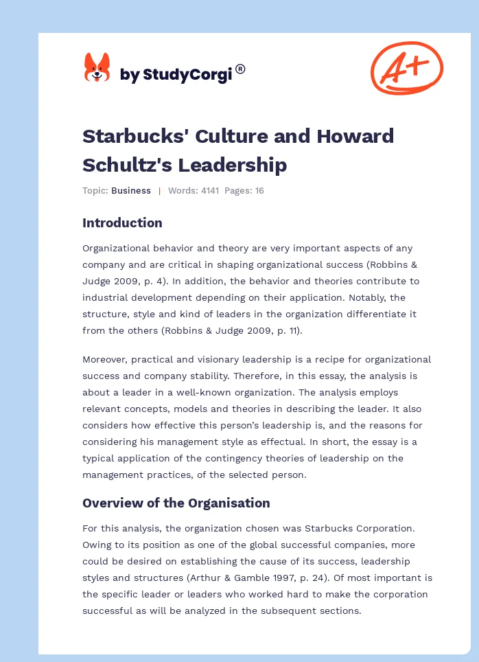 Starbucks' Culture and Howard Schultz's Leadership. Page 1