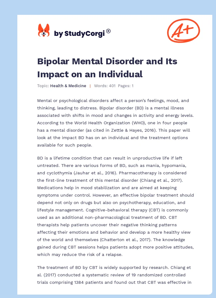 Bipolar Mental Disorder and Its Impact on an Individual. Page 1